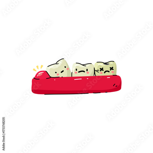 Cartoon Teeth with Wisdom teeth, Gum Inflammation and Cavity. Symbolizing dental health and care