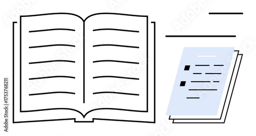 Open book with visible lines and separate papers showcase reading, writing, and note-taking. Ideal for education, research, literature, writing, information sharing, teaching simple flat metaphor