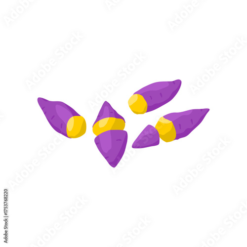 Cartoon-style purple sweet potatoes with yellow flesh, vibrant colors, and smooth texture. Ideal for food, nutrition, agriculture, and culinary-themed designs or educational content.