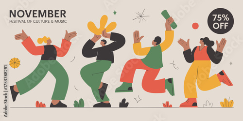 Abstract festival Four figures celebrate amid scattered shapes proclaiming 75 off