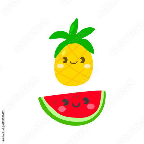 Playful cartoon-style pineapple and watermelon with happy faces. Perfect for kids’ content, educational materials, food-themed designs, and cheerful summer or health-related visuals.