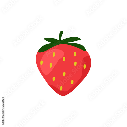 Bright Red Strawberry Illustration with Green Leaves — Cute Cartoon Fruit Icon for Food and Health
