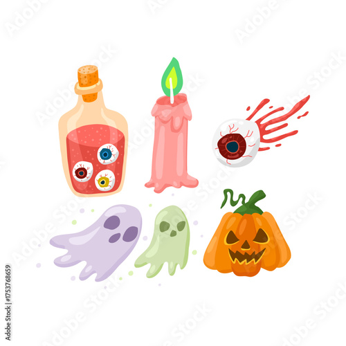 Halloween Ghosts, Eyeball Bottle, Candle, Blood Eye, and Jack-O-Lantern Pumpkin Scene