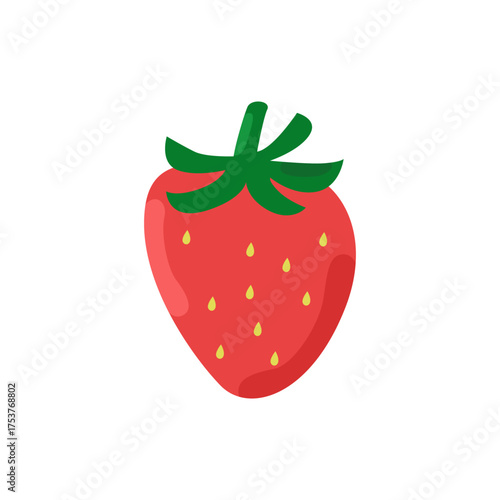 Bright Red Strawberry Illustration with Green Leaves — Cute Cartoon Fruit Icon for Food and Health