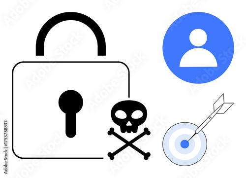 Lock and keyhole emphasize security, skull warns of digital threats, target symbolizes precision, and user icon highlights personal data. Ideal for data security, risk, hacking, privacy, safety