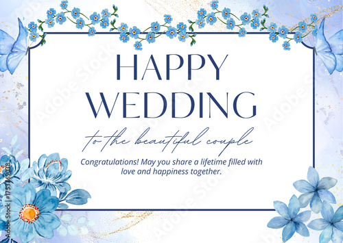 Wedding Card with Blue Flowers, Butterflies, and Text
