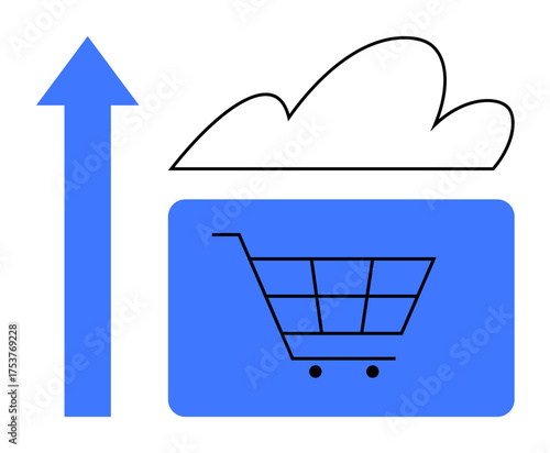 Cloud above a shopping cart with a bold upward arrow symbolizing e-commerce, cloud computing, technology, sales growth, innovation, market trends, and business analytics. Ideal for digital