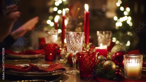 Elegant Christmas dinner table with candles and festive decorations.