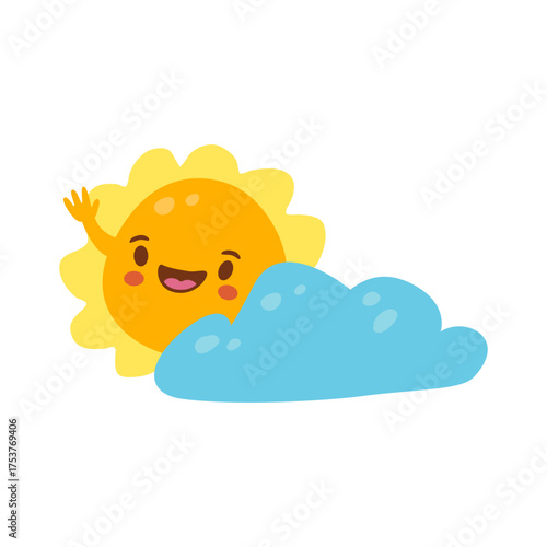 Smiling Cartoon Sun Waving Behind a Fluffy Blue Cloud