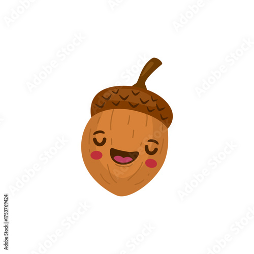 Smiling Acorn Illustration with Cute Facial Expression on White Background