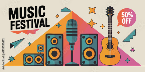 Music festival graphic with speakers guitar microphone stars and a 50 off bubble