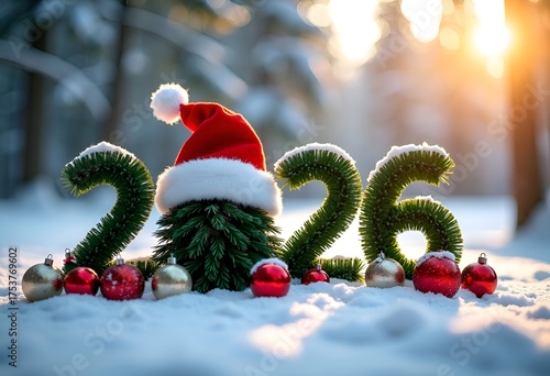 Numbers 2026 made from pine with Santa hat and balls in snowy forest.