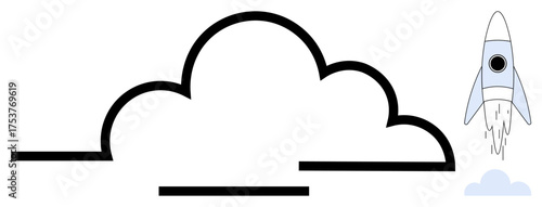 Rocket launching upward beside a simple outlined cloud, symbolizing progress, innovation, startup, exploration, technology, ambition. Ideal for business, motivation success goal setting future