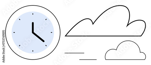 Analog clock beside clouds and motion lines. Ideal for time management, productivity, transition, progress, scheduling, weather, and simplicity concepts. Clean and simple flat metaphor