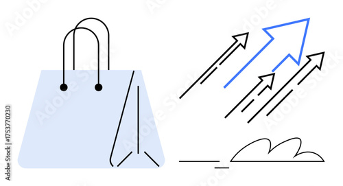 Shopping bag alongside upward-pointing arrows signifying growth, success, and progress. Ideal for e-commerce, retail, marketing, economic trends, business growth, online shopping sales