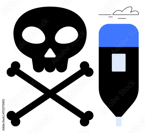 Skull and crossbones next to pen suggest caution, risk, creativity boundaries, or harmful intentions. Ideal for warning, toxicity, danger, rebellion, piracy critical thinking simple flat metaphor