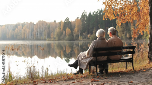 Elderly couple sitting on bench by autumn lake enjoying serene view. Senior man and woman relaxing together watching golden sunset reflection on water with colorful fall forest in background.