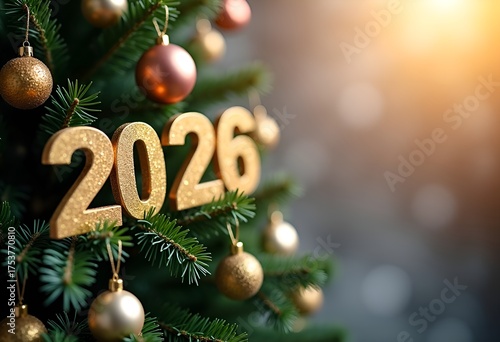 New year numbers 2026 on Christmas tree. Copy space.