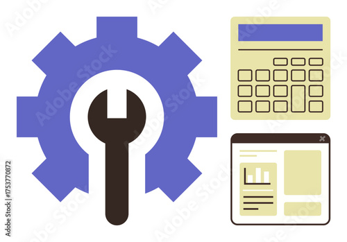 Gear with wrench, calculator, and web page representing system efficiency, data management, process organization, analytics, decision-making, engineering and teamwork. Ideal for a simple flat