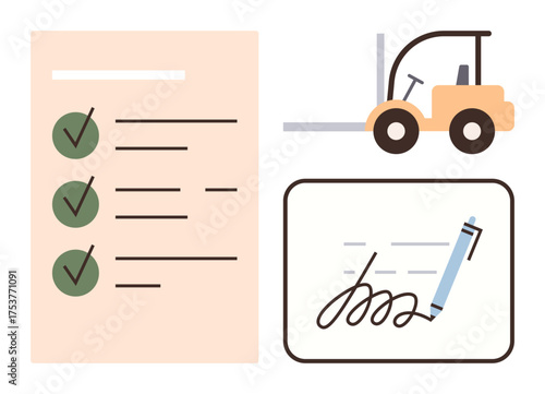 Checklist with green checkmarks, forklift, and signed document. Ideal for logistics, task management, supply chain, productivity, organization planning and contract agreements. Simple flat metaphor