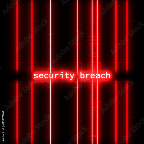 Glowing red laser grid with bright security breach text. Concept of hacking, cybercrime, digital danger, data leak and system failure.