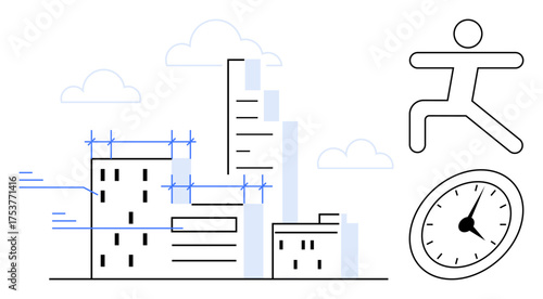 Urban buildings under construction with scaffolding, clouds, a clock, and a dynamic figure. Ideal for growth, progress, time management, productivity urban planning efficiency business. Simple