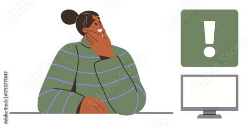 Thoughtful individual resting on a desk with a computer monitor and an exclamation icon. Ideal for decision-making, analysis, problem-solving, alert notification, focus, attention, simple flat