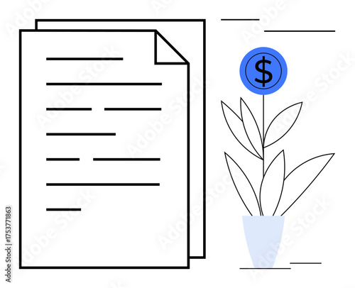 Documents next to a plant with a dollar sign, symbolizing financial growth and success. Ideal for investment, business planning, savings, economic strategy, accounting, income growth, simple flat