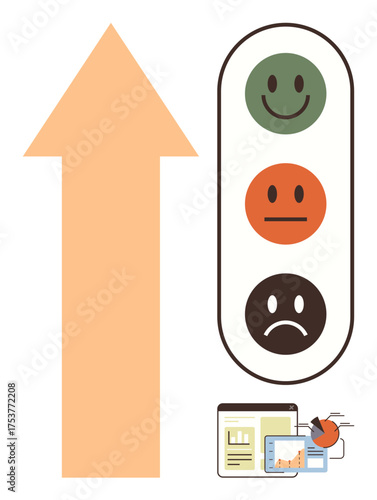 Upward arrow alongside happy faces representing satisfaction levels and data charts. Ideal for feedback, analytics, business growth, performance evaluation, customer service, user experience, success