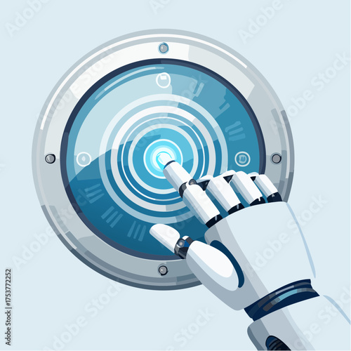 Digital interface interaction: Robot hand activating circular futuristic technology display element