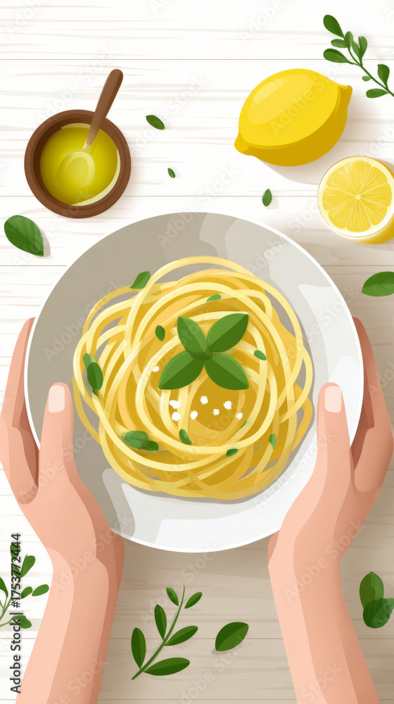 custom made wallpaper toronto digitalFresh spaghetti with lemon basil garnish in hands on white background