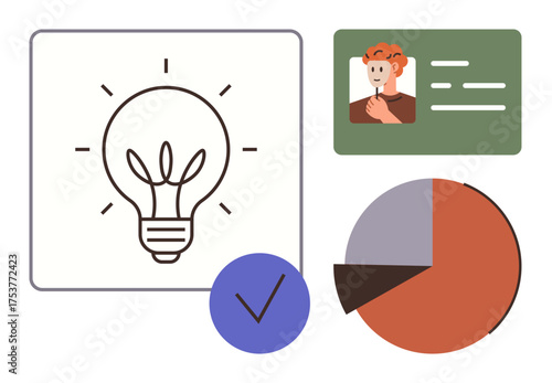 Lightbulb for creativity, pie chart for analytics, profile ID for identity, and tick for completion. Ideal for innovation, strategy, identity, decision-making progress analytics management. A