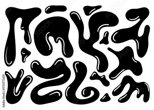 Liquid abstract organic blob shapes set. Wavy elements, bubbles, and drops in trendy Y2K black and white style. Vector illustrations isolated on white background for modern design projects.