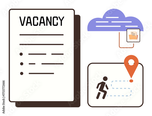 Vacancy document, cloud storage and location marker with path. Ideal for recruitment, job search, digital data, HR processes, career journey, employment navigation, simple flat metaphor