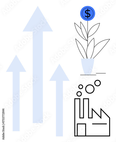 Upward arrows, a potted plant with a dollar sign, and a factory outline. Ideal for growth, success, business, sustainability, investment, innovation and progress in a simple flat metaphor