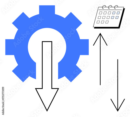 Gear with downward arrow symbolizing process, calendar showing scheduling, vertical arrows signifying direction or progress. Ideal for productivity, planning, operations, management, optimization