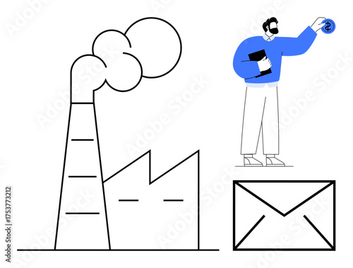 Industrial factory with smoke, man holding files and sending mail, signifying business, communication, sustainability, and economy. Ideal for industry, environment, workflow finance strategy