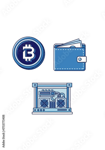 Digital Currency Bitcoin Mining Wallet Flat Vector Set