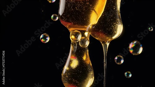 Close-up of dripping, golden liquid with bubbles floating against a stark black backdrop