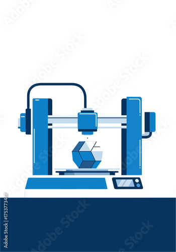 Modern Flat Vector 3d Printer Manufacturing a Geometric Shape