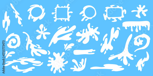 Cartoon milk splash set with white liquid drops, splatters, and blots in various shapes. Perfect for yoghurt, milkshake, and dairy product logo or packaging design. Vector illustration.