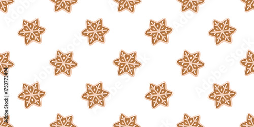 Seamless winter pattern with gingerbread star cookies on white background. Festive Christmas vector background. 