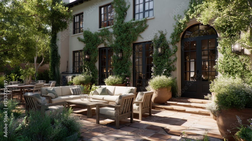 Obraz premium Charming outdoor patio with comfortable seating, lush greenery, and elegant French doors creating a tranquil retreat in natural sunlight