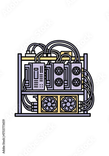 Flat Vector Illustration of a Cryptocurrency Mining Rig