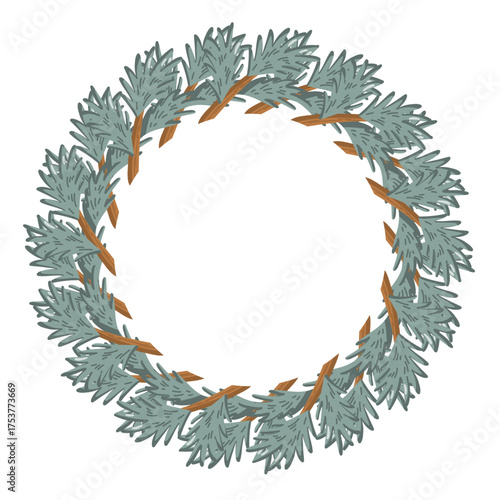 Round wreath with fir branches in winter style. Winter Vector isolated illustration on white background.