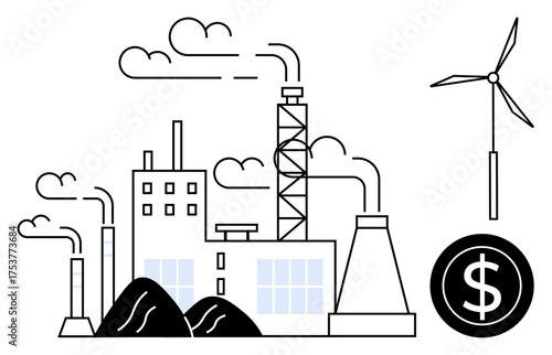 Factory with chimneys releasing smoke, piles of coal, wind turbine, and dollar sign. Ideal for energy transition, sustainability, renewable energy, industrial finance, pollution control modern