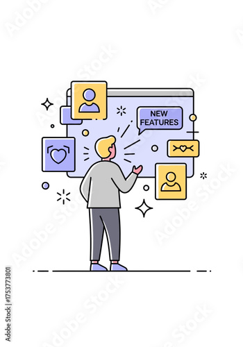 Man Explaining New Digital Features Flat Vector Illustration