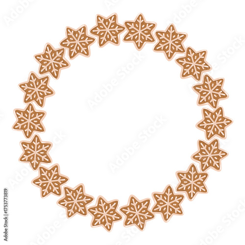Round frame with gingerbread star cookies in winter style. Cartoon Vector isolated illustration on white background. 