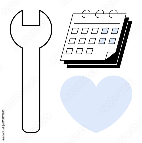 Wrench, calendar, and heart icons represent themes thumbs up maintenance, planning, and care. Ideal for scheduling, productivity, repair management, health tracking personal growth self-care