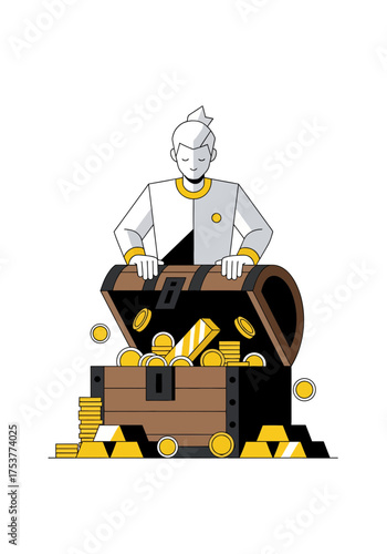 Flat Vector Illustration of Man With Golden Treasure Chest